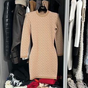 BALMAIN monogram knit dress tan size 34